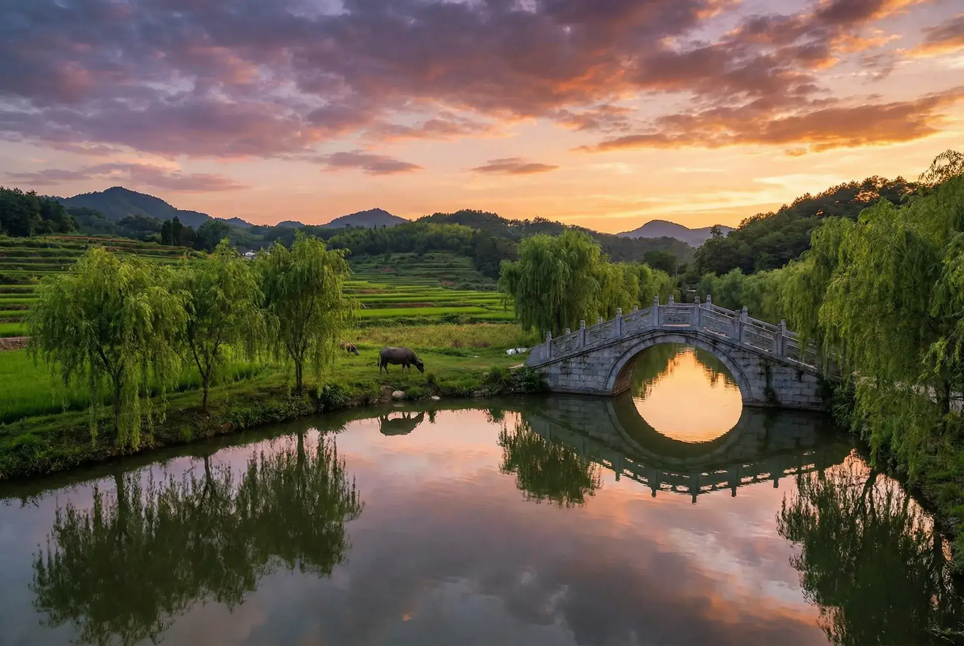 夕阳下的石拱桥与垂柳，水牛在河边吃草 - 最后的堡垒 乡村美景